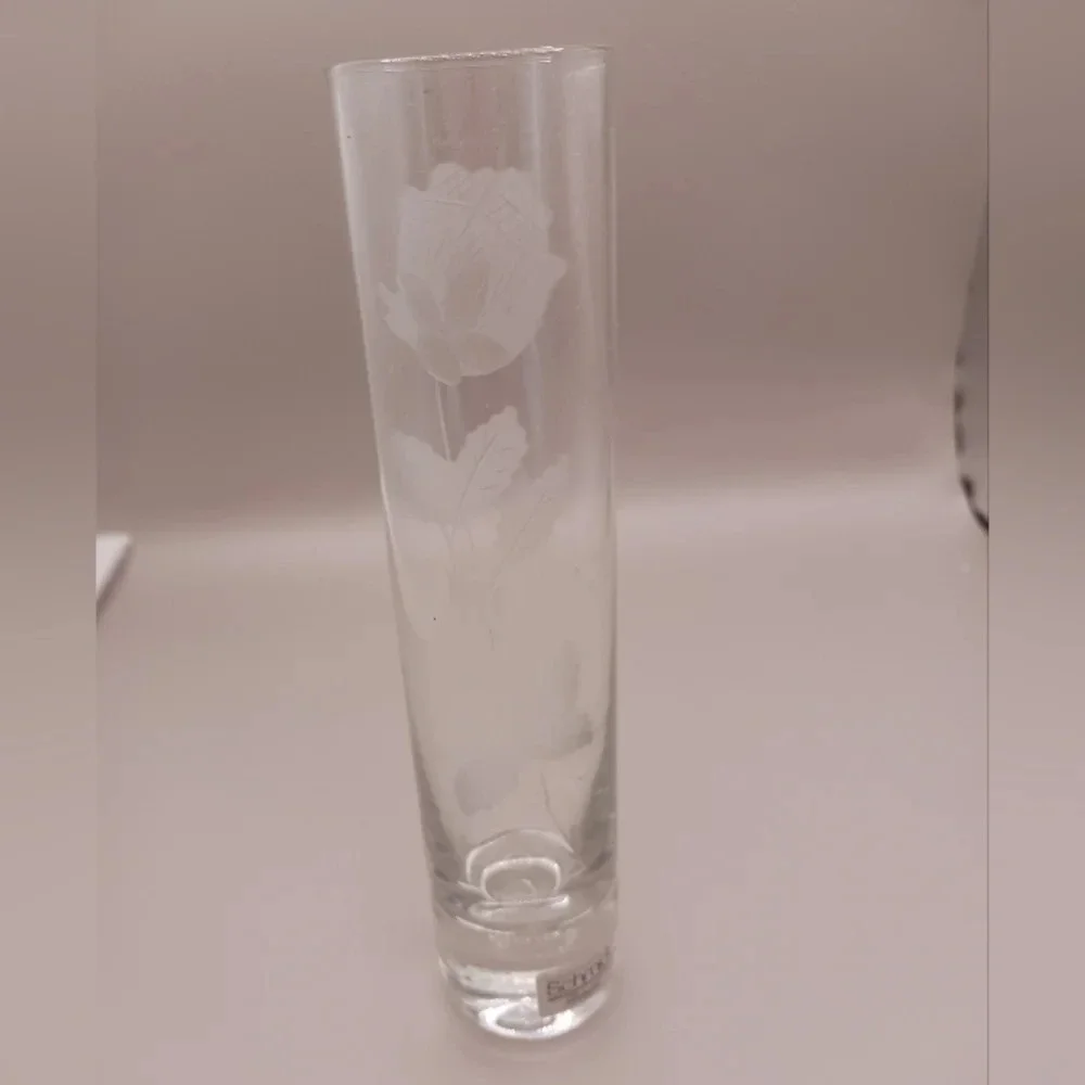 Rose bud etched glass bud vase